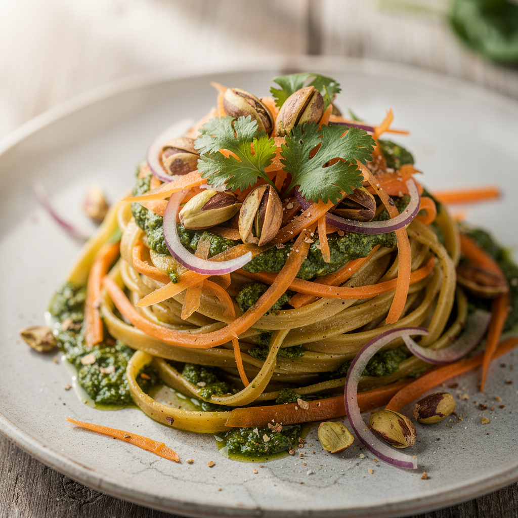Fettuccine with Spinach Pesto and Carrot Ribbons