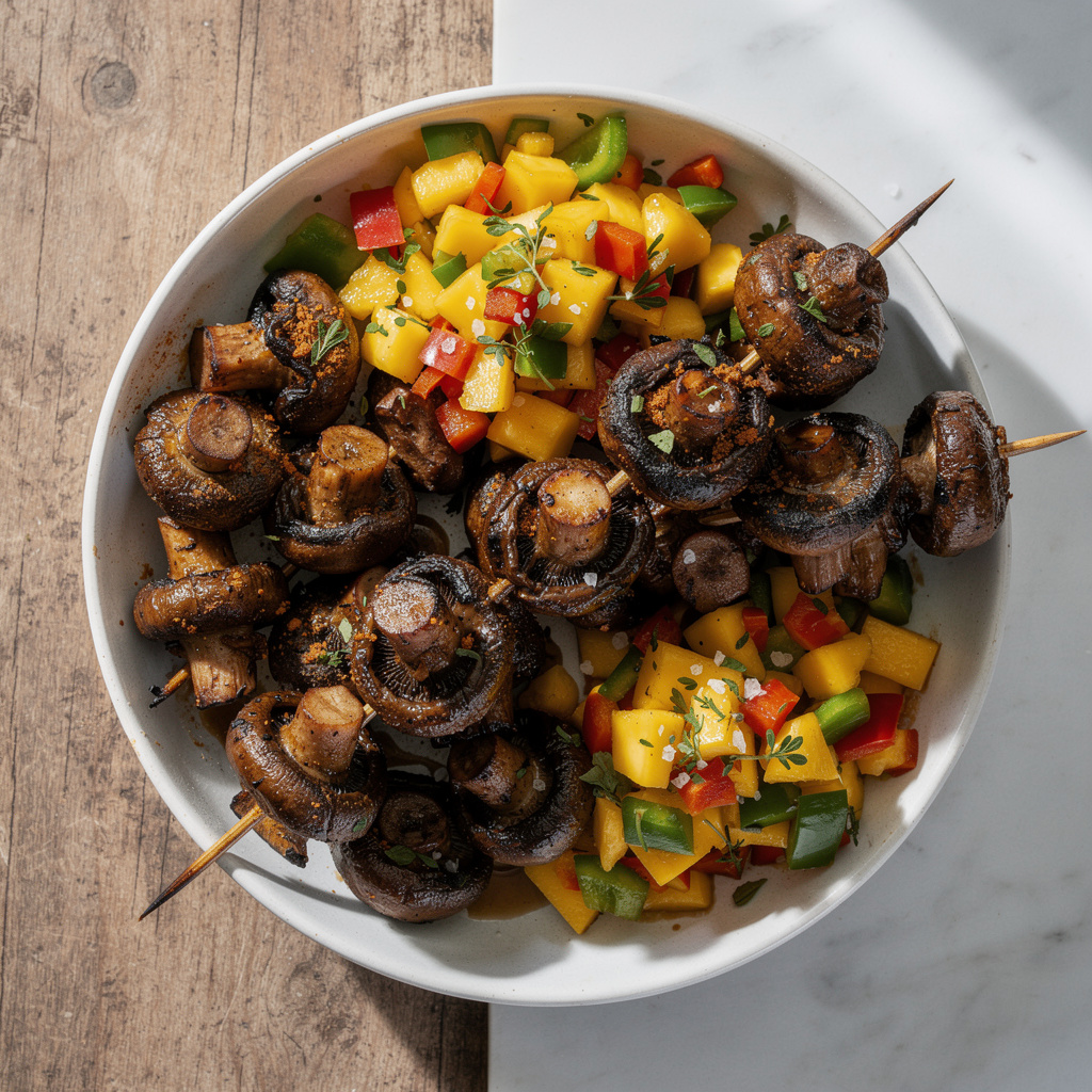Spicy Jerk Mushroom Kabobs with Mango Salsa