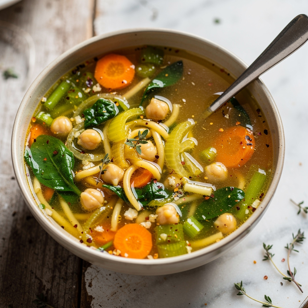 30-Minute Chickpea Noodle Soup with Spinach