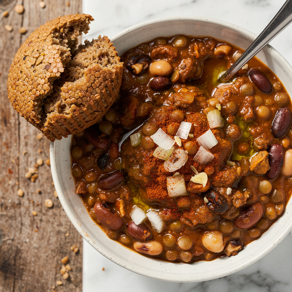 Lentil and Bean Chili with Buckwheat Muffin