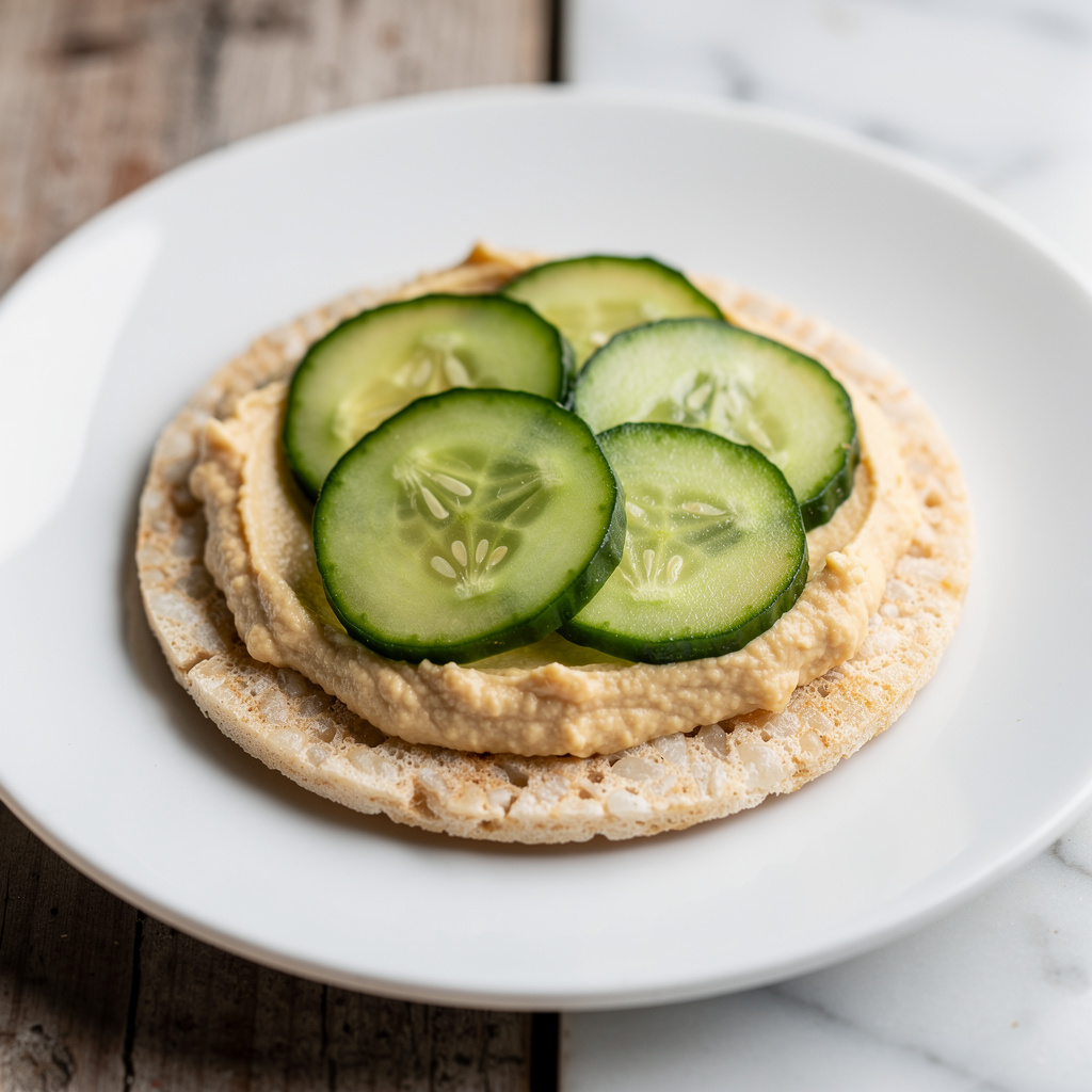 Rice Cake with Hummus and Sliced Cucumbers