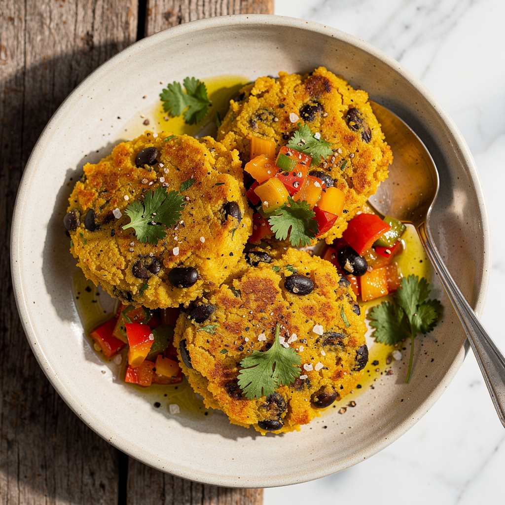 Black Bean Polenta Cakes with Pepper-Cilantro Salsa