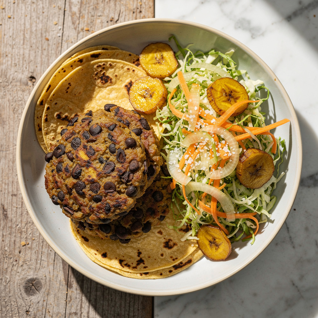 Black Bean and Plantain Burgers with Salvadoran Corn Tortillas