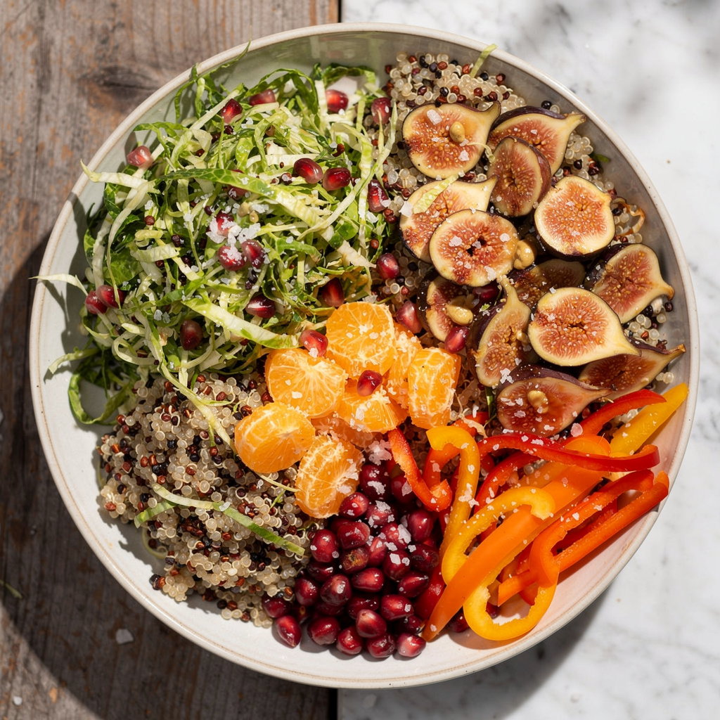 Crunchy Brussels Sprout Slaw with Figs, Pomegranate, and Quinoa