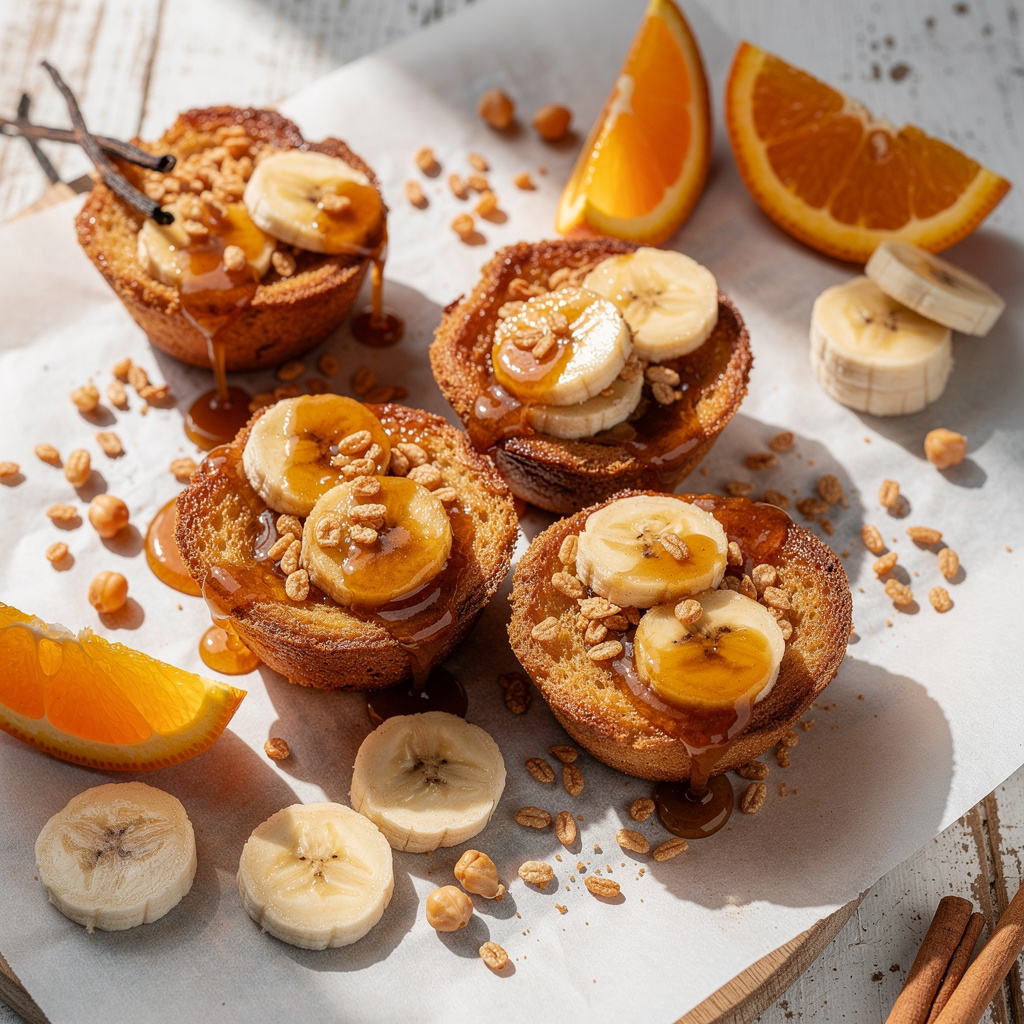 Crispy French Toast Cups with Bananas Foster Topping