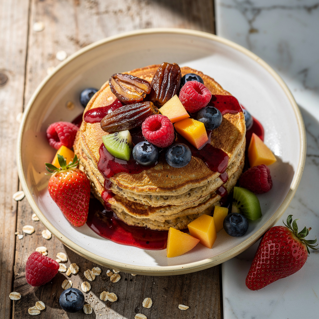 Oatmeal-Lemon Pancakes with Raspberry-Date Syrup