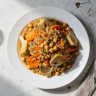 Greek-Style Slow-Cooker Farro with Chickpeas and Artichokes