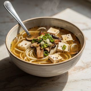 Vegan Miso Soup with Noodles and Tofu