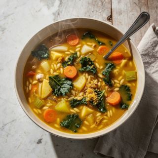 Carrot Ginger Soup with Orzo and Kale