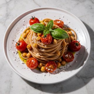 Spaghetti with Roasted Tomatoes, Chickpeas, and Basil